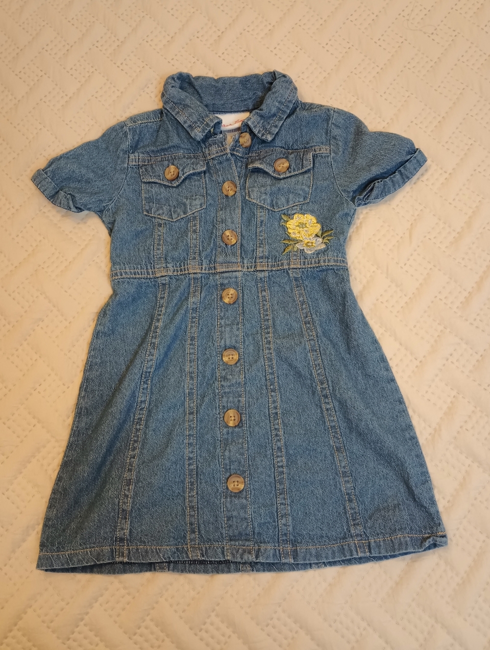 Kids Little Lass Blue Denim Dress With Embroidered Flowers 2T